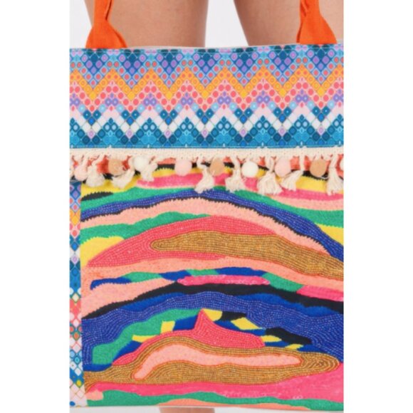 Boho Print Pom Pom Fringe Large Tote Bag Multicolor - Picture 3 of 4